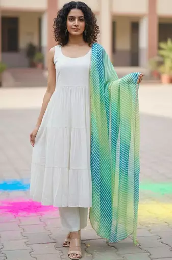 Women Tiered Kurta with Trousers & With Dupatta