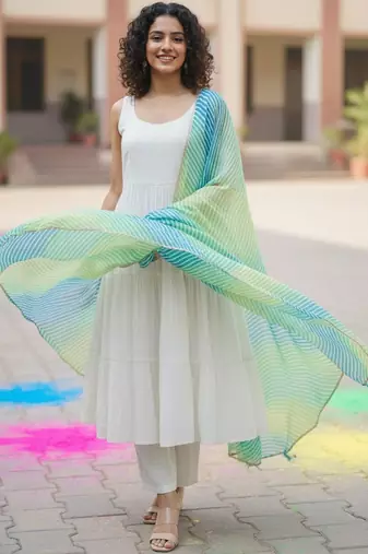 Women Tiered Kurta with Trousers & With Dupatta