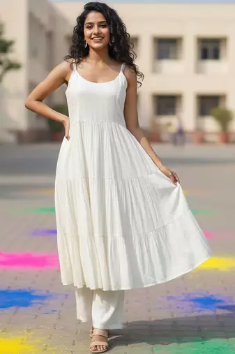 Women Tiered Kurta with Trousers & With Dupatta