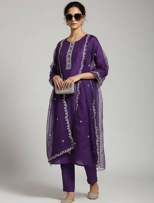 Women Ethnic Motifs Embroidered Regular Thread Work Kurta with Trousers & With Dupatta 1