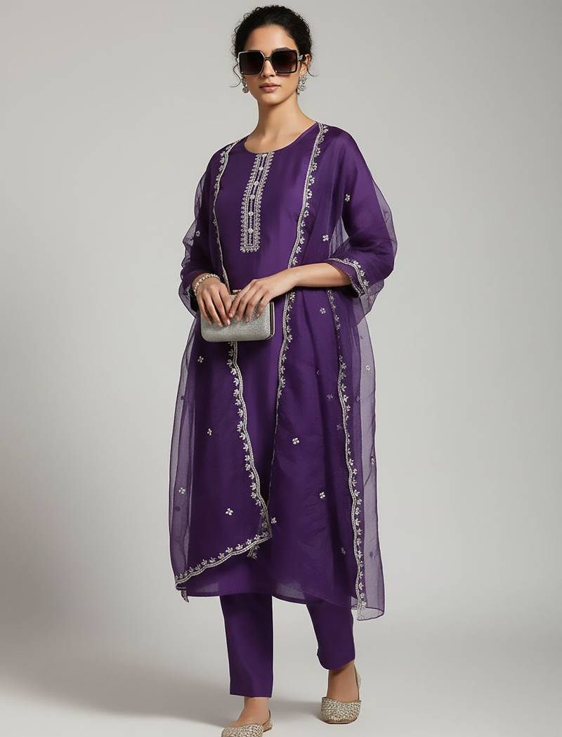 Women Ethnic Motifs Embroidered Regular Thread Work Kurta with Trousers & With Dupatta