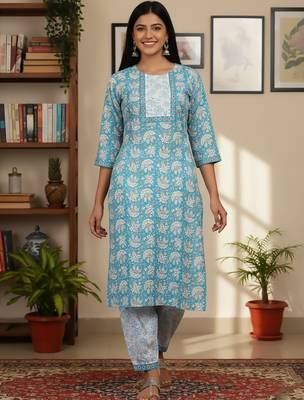 Floral Printed Round Neck Straight Kurta With Patiala & Dupatta 1