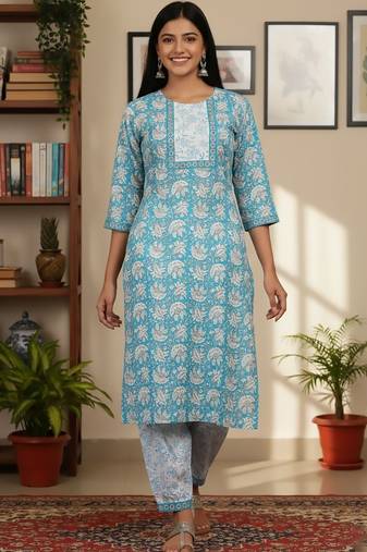 Floral Printed Round Neck Straight Kurta With Patiala & Dupatta