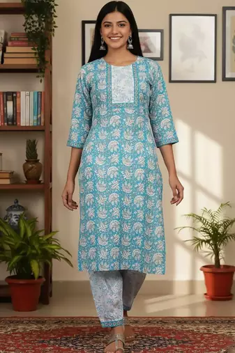 Floral Printed Round Neck Straight Kurta With Patiala & Dupatta