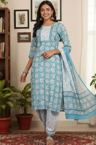 Floral Printed Round Neck Straight Kurta With Patiala & Dupatta