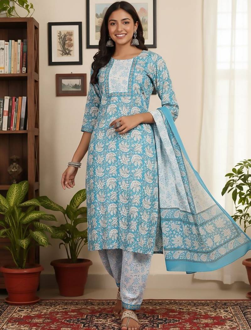 Floral Printed Round Neck Straight Kurta With Patiala & Dupatta