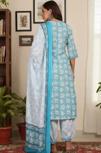 Floral Printed Round Neck Straight Kurta With Patiala & Dupatta