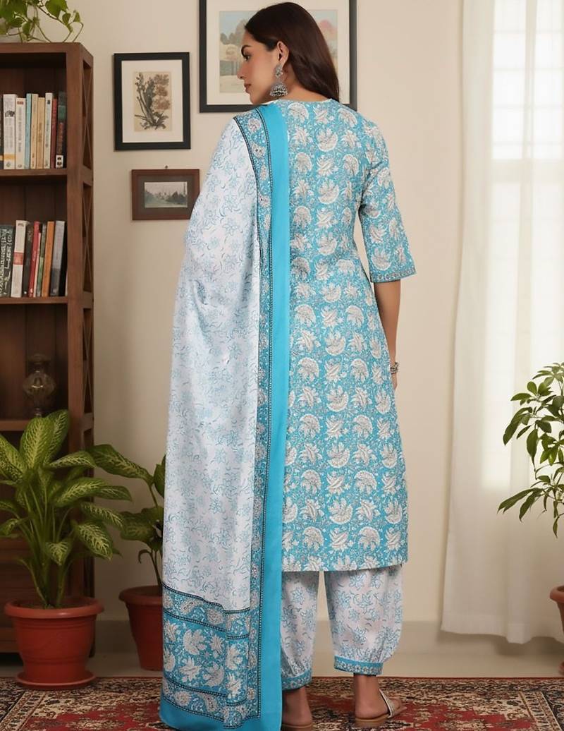 Floral Printed Round Neck Straight Kurta With Patiala & Dupatta