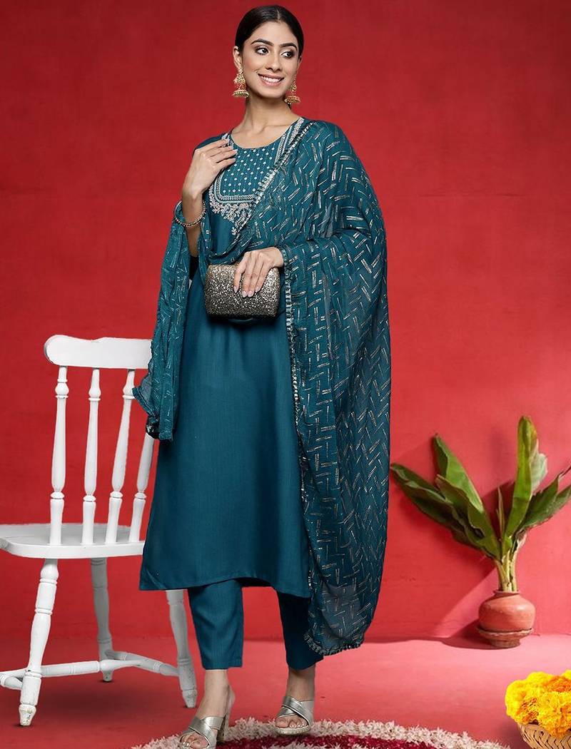 Women Ethnic Motifs Embroidered Regular Sequinned Kurta with Trousers & Dupatta