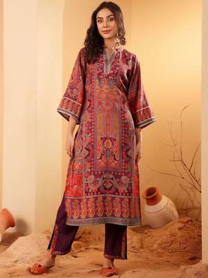 Ethnic Motifs Printed Mandarin Collar Gotta Patti Chanderi Silk Kurta & Trousers 1