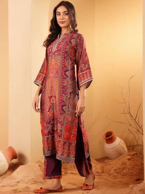 Ethnic Motifs Printed Mandarin Collar Gotta Patti Chanderi Silk Kurta & Trousers 5