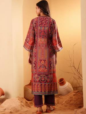Ethnic Motifs Printed Mandarin Collar Gotta Patti Chanderi Silk Kurta & Trousers 6