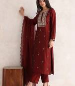 Women Embroidered Regular Kurta with Trousers & With Dupatta
