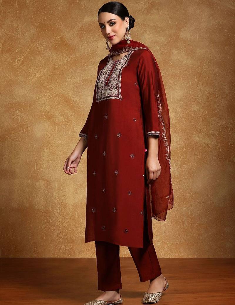 Women Embroidered Regular Kurta with Trousers & With Dupatta