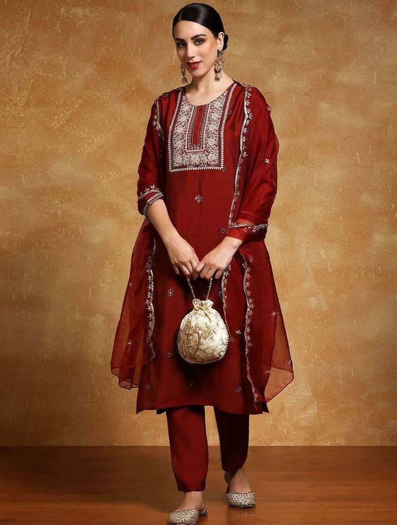 Women Embroidered Regular Kurta with Trousers & With Dupatta