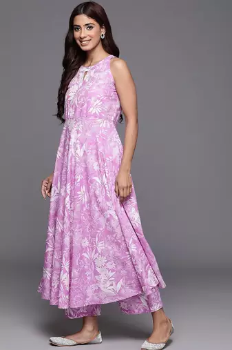 Women Floral Printed Empire Pure Cotton Anarkali Kurta with Trouser
