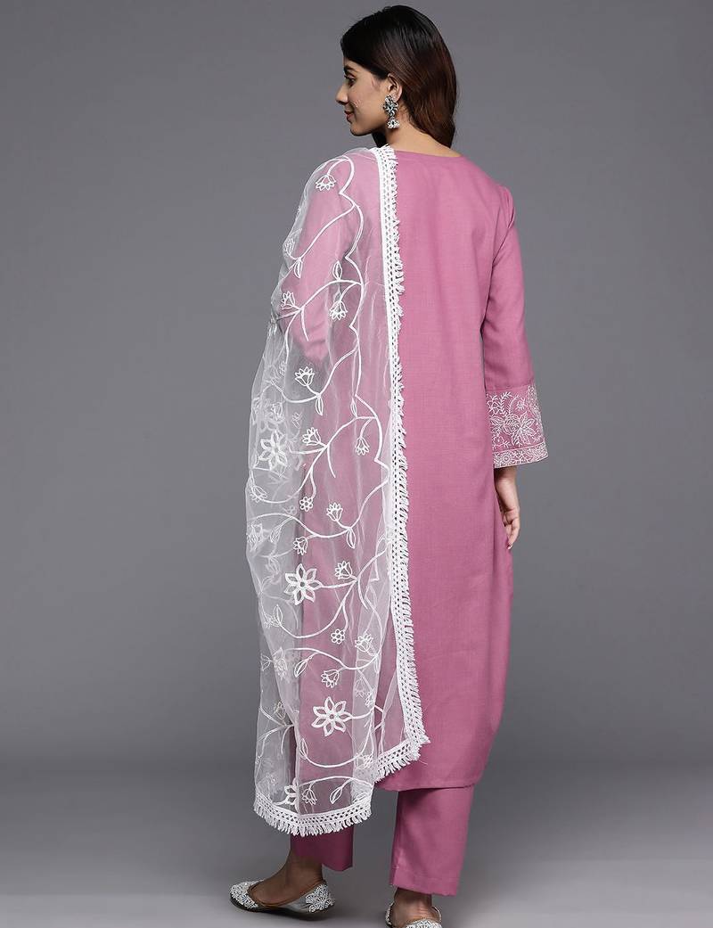 Women Floral Yoke Design Regular Thread Work Kurta with Trousers & With Dupatta