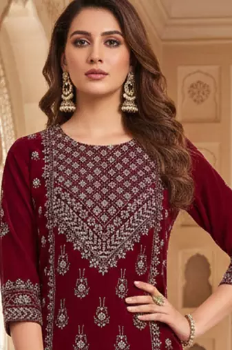 Women Ethnic Motifs Printed Regular Thread Work Velvet Kurta with Trousers