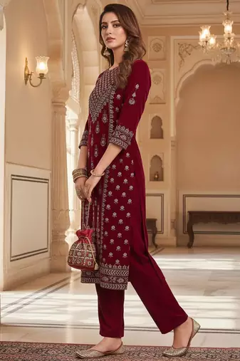 Women Ethnic Motifs Printed Regular Thread Work Velvet Kurta with Trousers