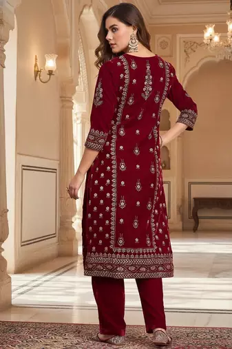 Women Ethnic Motifs Printed Regular Thread Work Velvet Kurta with Trousers