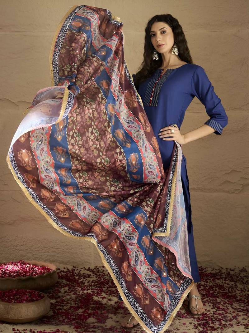 Women Ethnic Motifs Regular Sequinned Kurta with Trousers & Dupatta