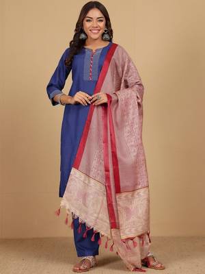 Thread Work Notch Neck Straight Kurta With Trousers And Dupatta 1