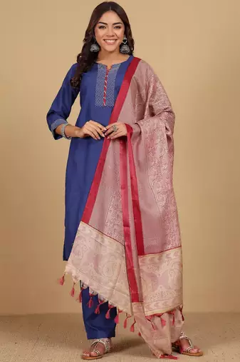 Thread Work Notch Neck Straight Kurta With Trousers And Dupatta