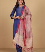 Thread Work Notch Neck Straight Kurta With Trousers And Dupatta