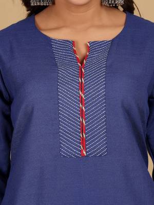 Thread Work Notch Neck Straight Kurta With Trousers And Dupatta 2