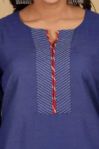 Thread Work Notch Neck Straight Kurta With Trousers And Dupatta