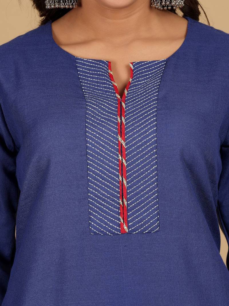 Thread Work Notch Neck Straight Kurta With Trousers And Dupatta