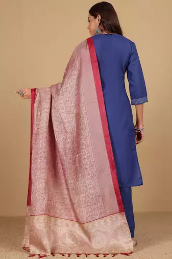 Thread Work Notch Neck Straight Kurta With Trousers And Dupatta
