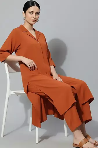 Women Regular Silk Crepe Kurta with Trousers