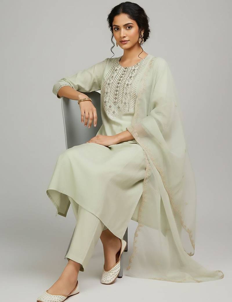 Women Ethnic Motifs Embroidered Regular Thread Work Kurta with Trousers & With Dupatta