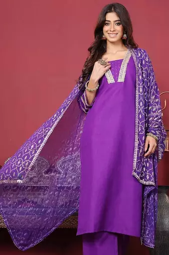 Sequinned Straight Kurta With Trouser & Dupatta