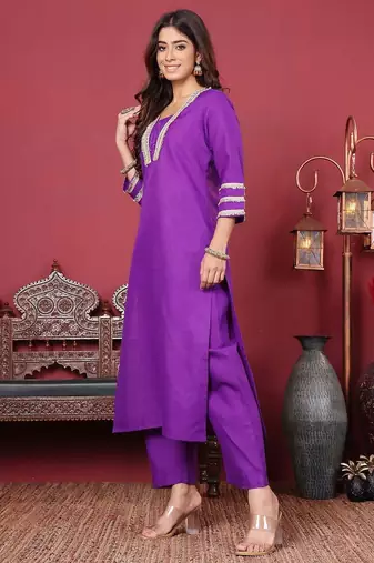 Sequinned Straight Kurta With Trouser & Dupatta