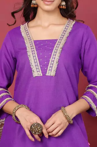 Sequinned Straight Kurta With Trouser & Dupatta