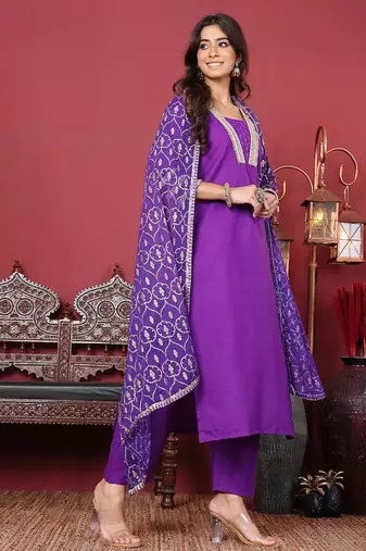 Sequinned Straight Kurta With Trouser & Dupatta