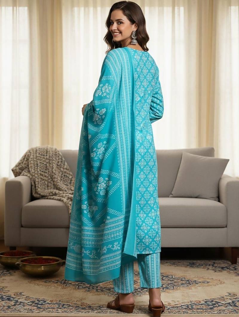 Ethnic Motifs Printed Square Neck Straight Kurta With Trousers & Dupatta