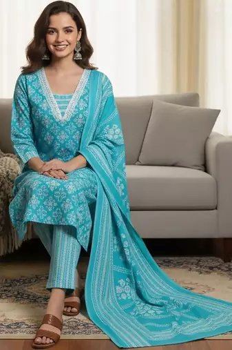 Ethnic Motifs Printed Square Neck Straight Kurta With Trousers & Dupatta