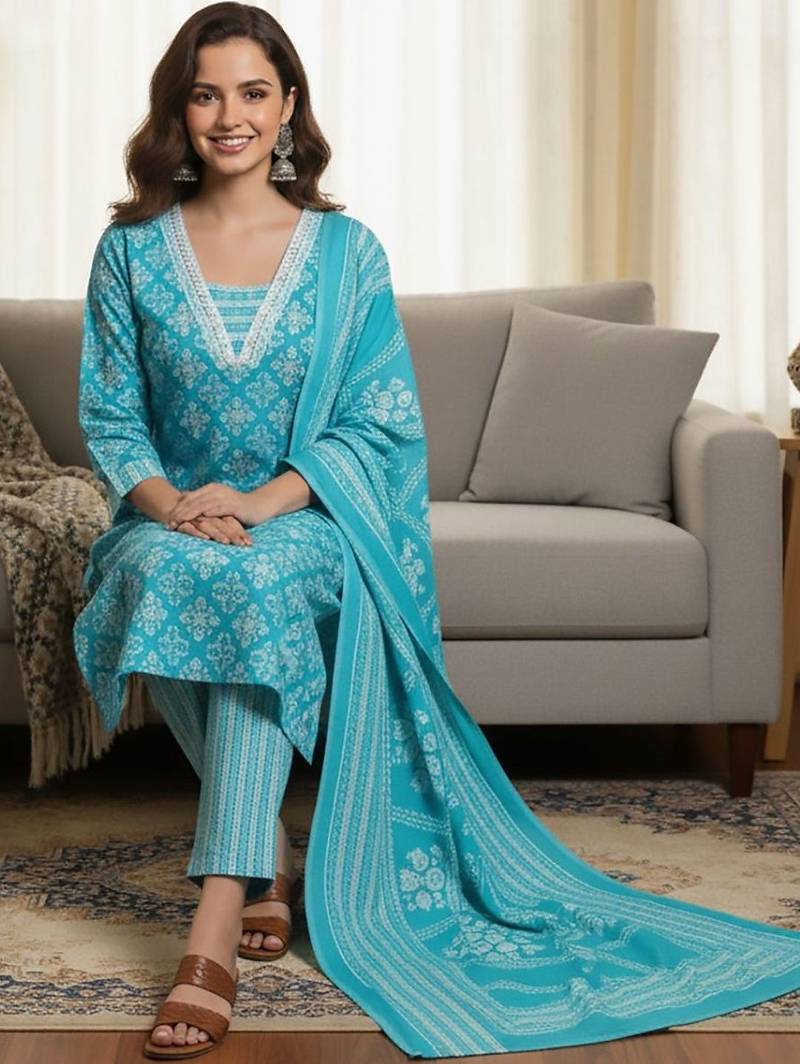 Ethnic Motifs Printed Square Neck Straight Kurta With Trousers & Dupatta