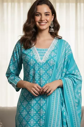 Ethnic Motifs Printed Square Neck Straight Kurta With Trousers & Dupatta