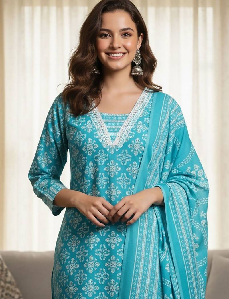 Ethnic Motifs Printed Square Neck Straight Kurta With Trousers & Dupatta