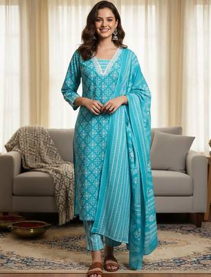 Ethnic Motifs Printed Square Neck Straight Kurta With Trousers & Dupatta 5