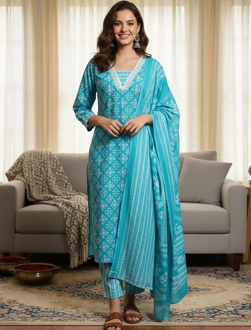 Ethnic Motifs Printed Square Neck Straight Kurta With Trousers & Dupatta