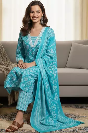 Ethnic Motifs Printed Square Neck Straight Kurta With Trousers & Dupatta