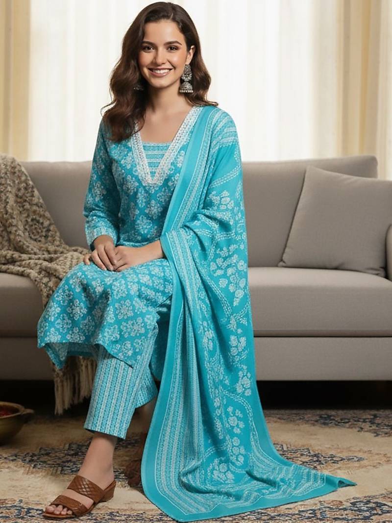Ethnic Motifs Printed Square Neck Straight Kurta With Trousers & Dupatta