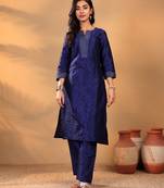 Geomertic Woven Design Notch Neck Straight Kurta With Trouser