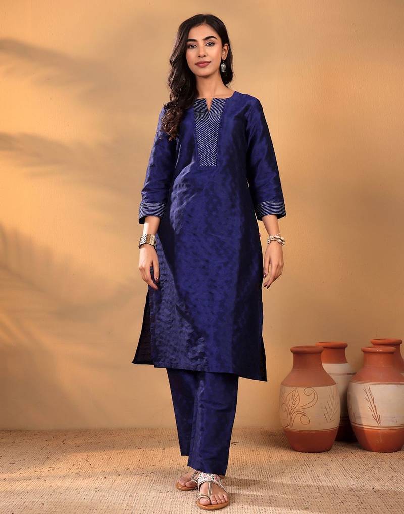 Geomertic Woven Design Notch Neck Straight Kurta With Trouser
