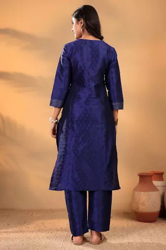 Geomertic Woven Design Notch Neck Straight Kurta With Trouser